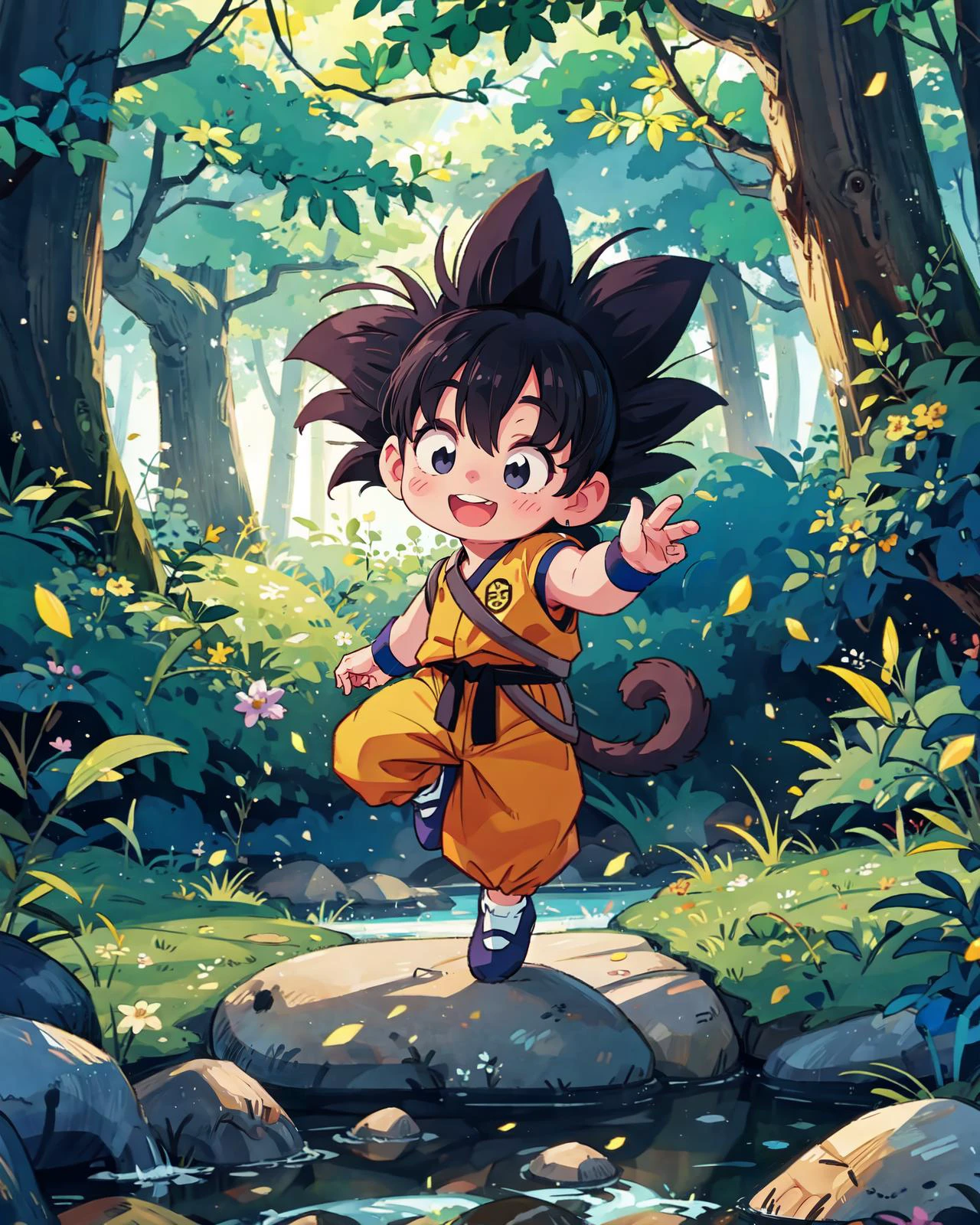 (full body:1.3), photography of a KidGoku, black hair, spiked hair, monkey tail, wristband, dougi, male child,
standing, looking back,
A single leaf floats down a babbling brook, twisting and turning through a misty forest, its journey a poetic dance that captures the essence of nature's ever-changing cycle,
(realistic,detailed, best quality:1.4), QuickHands, <lora:QuickHandV2:0.6> <lora:KidGoku:0.8>