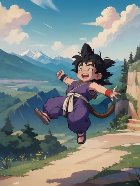 best quality, masterpiece, highres, detailed, digital illustration, <lora:Detail - add_detail:0.2>, KidGoku, <lora:KidGoku-10:0.8>, black hair, spiked hair, monkey tail, wristband, dougi, male child, outdoors, mountains, excited, jumping,