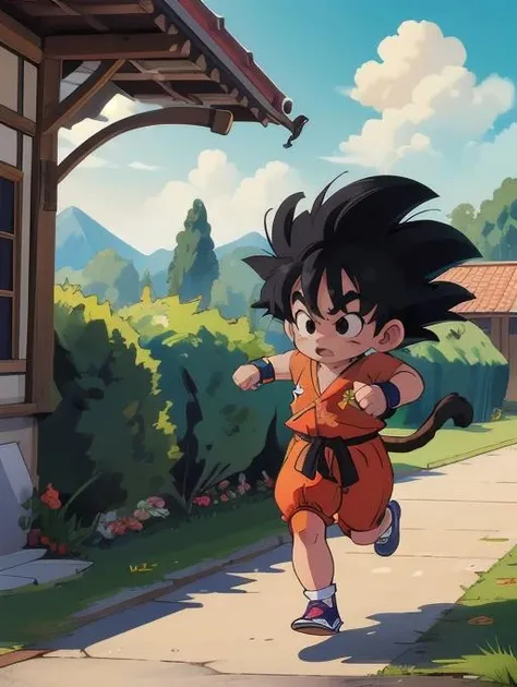 best quality, masterpiece, highres, detailed, digital illustration, <lora:Detail - add_detail:0.2>,  KidGoku, <lora:KidGoku-10:0.8>, black hair, spiked hair, monkey tail, wristband, dougi, male child, outdoors, running, black eyes,
