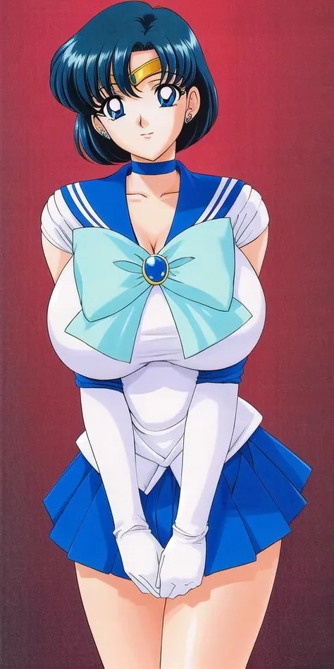 <lora:mizuno_amiV4:0.7> mizuno_ami, huge_breasts, standing, solo, ClassicSMRC_Blue_skirt_White_gloves_Blue_boots_Blue_choker_Blue_bowtie_Blue_back_bow_Circlet_Blue_brooch, masterpiece, best quality, detailed face, detailed eyes, highres,