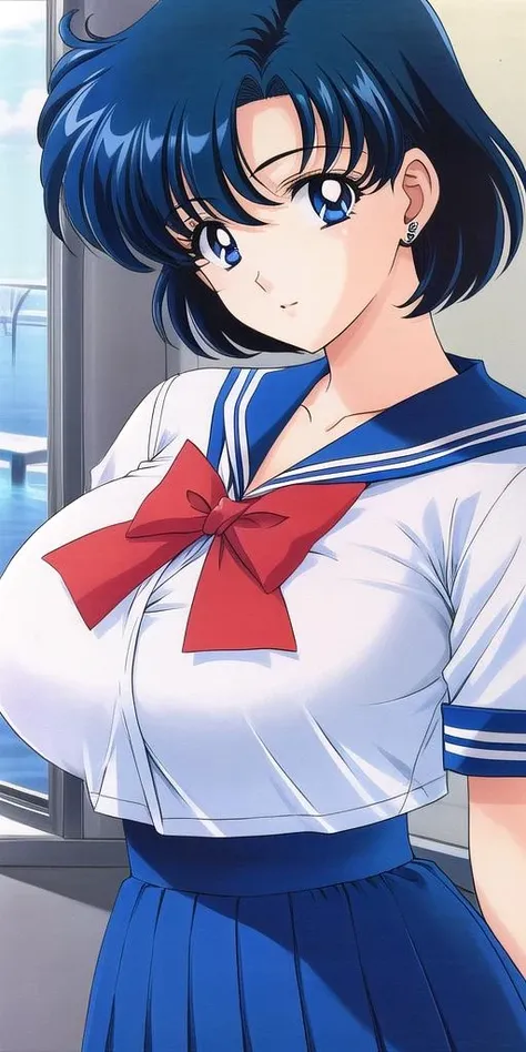 <lora:mizuno_amiV4:0.7> mizuno_ami, huge_breasts, standing, solo, school_uniform_blue_serafuku_blue_back_bow_red_bowtie, masterpiece, best quality, detailed face, detailed eyes, highres,