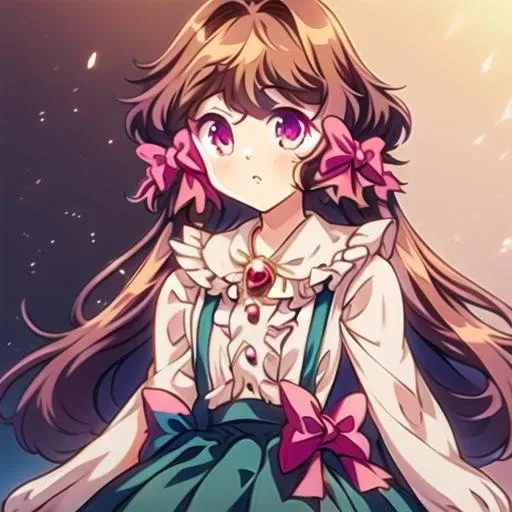 (masterpiece:1.1), (best quality:1.1), 1girl, Real light and shadow, anime face, 4k, 8k, wallpaper,epic, detail texture, ((1girl)), solo, <lora:Goldia:1> goldia, long hair, very long hair, brown hair, bow, hair bow, pink bow, ribbon, white shirt, suspender skirt, blue skirt, skirt, gem, red eyes