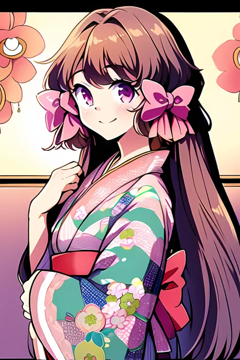 (masterpiece:1.1), (best quality:1.1), 1girl, Real light and shadow, anime face, 4k, 8k, wallpaper,epic, detail texture, ((1girl)), solo, <lora:Goldia:1> goldia, long hair, very long hair, brown hair, bow, hair bow, pink bow, ribbon, ((kimono, japanese clothes)), smile