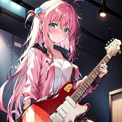 ((masterpiece,best quality)),1girl, gotou, sweat, embarrassed, wet, blush, solo, black skirt, blue eyes, electric guitar, guitar, holding, holding plectrum, instrument, long hair, music, one side up, playing guitar, (track jacket), pink jacket, indoors