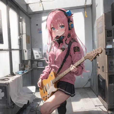((masterpiece,best quality)),1girl, gotou, sweat, embarrassed, wet, blush, solo, black skirt, blue eyes, electric guitar, guitar, headphones, holding, holding plectrum, instrument, long hair, music, one side up, playing guitar, (track jacket), pink jacket, indoors