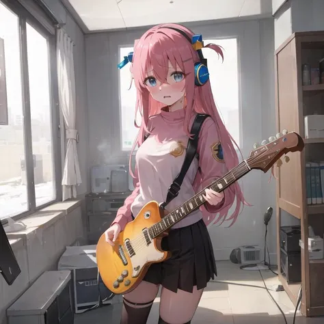 ((masterpiece,best quality)),1girl, gotou, sweat, embarrassed, wet, blush, solo, black skirt, blue eyes, electric guitar, guitar, headphones, holding, holding plectrum, instrument, long hair, , music, one side up, playing guitar, pink jersey, hair_ornament, indoors