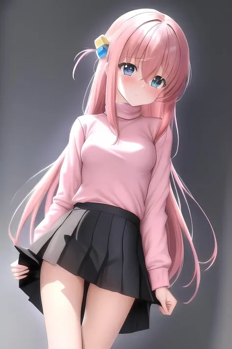 1girls, highres, 1girl, bangs, black_shirt, black_skirt, blue_eyes, breasts, (((hair ornament in the form of a blue cube))), grey_background, (((hair_between_eyes))), hair_ornament ,(((head_tilt))), turtleneck, legs, long_hair, long_sleeves, looking_at_viewer, ((((flat_breasts)))), miniskirt, one_side_up, outstretched_arm, parted_lips, pink_hair, pink_jacket, pleated_skirt, reaching_towards_viewer, shirt, sidelocks, simple_background, skirt, solo, straight_hair, very_long_hair, gotou