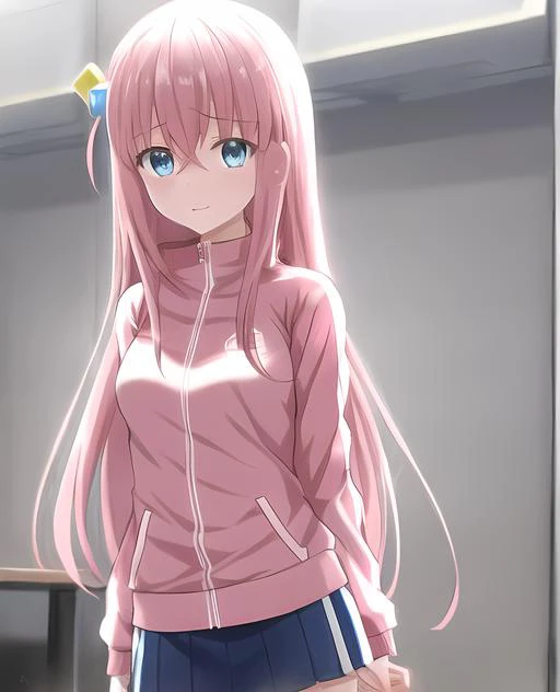 1girl, pink track_jacket, blue eyes, medium breasts, simple track_jacket, (arm behind back:1.3), class room, gotou, skirt, (nervous:1.6)