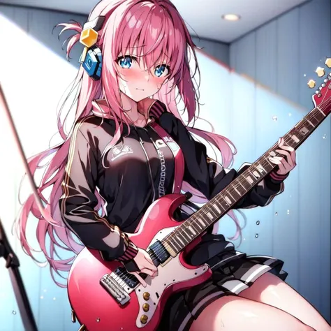 ((masterpiece,best quality)),1girl, gotou, sweat, embarrassed, wet, blush, solo, black skirt, blue eyes, electric guitar, guitar, headphones, holding, holding plectrum, instrument, long hair, music, one side up, playing guitar, (track jacket), pink jacket, indoors