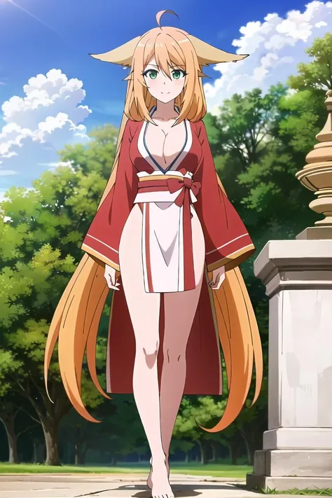 ((masterpiece)),((best quality)),ultra-detailed,illustratio,Explicit,Beautiful body,Beautiful Nose,Beautiful character design,perfect eyes,perfect face,wallpaper,ultra highres,4K,photography,(Beautiful,normal breasts:1.2),(beautiful face:1.2),beautiful legs,perfect legs,shiny skin,official style,official arts,anime screencap,anime coloring,
Tushan Honghong,1girl,solo,green eyes,long hair,orange hair,bow,low-tied long hair,Hanfu,Chinese clothes,sash,bangs,long sleeves,hair between eyes,breasts,very long hair,wide sleeves,white sash,dress,solo,outdoor background,Barefoot,full body,(flat-eared),looking at viewer,animal ears, cleavage, ahoge, outdoors, sky, bare legs,blush,<lora:Tushan Honghong0:0.7>,