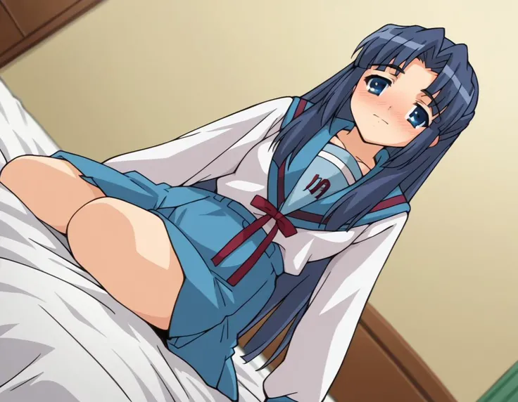 score_9, score_8_up, score_7_up, source_anime,
ryoukoasakura, <lora:ryouko-asakura-s1-ponyxl-lora-nochekaiser:1>,
ryouko asakura, long hair, blue eyes, blue hair, half updo,
skirt, long sleeves, school uniform, serafuku, sailor collar, blue skirt, blue sailor collar, winter uniform, kita high school uniform,
indoors, bed, bed room, on side, blush, drunk,
looking at viewer, dutch angle, cowboy shot, solo,