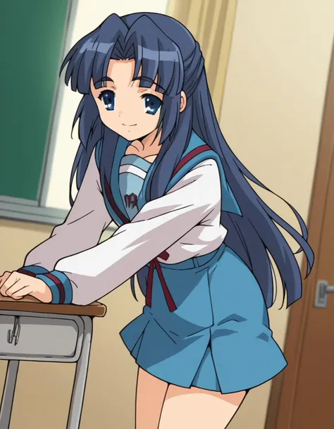 score_9, score_8_up, score_7_up, source_anime,
ryoukoasakura,  <lora:ryouko-asakura-s1-ponyxl-lora-nochekaiser:1>,
ryouko asakura, long hair, blue eyes, blue hair, half updo,
skirt, long sleeves, school uniform, serafuku, sailor collar, blue skirt, blue sailor collar, winter uniform, kita high school uniform,
indoors, classroom, bent over, smile,
looking at viewer, dutch angle, cowboy shot, solo,