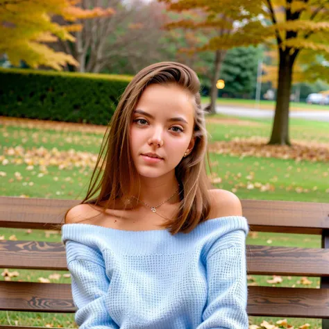 analog style, modelshoot style, nsfw, nudity RAW photo, Mango A Clover, portrait of a beautiful young girl, 18yo, shoulder-length hair, choker, long pullover, skirt, sitting on a bench, park, (high detailed skin:1.2), 8k uhd, dslr, soft lighting, high quality, film grain, Fujifilm XT3, <lora:cloverMangoA_v10:1>