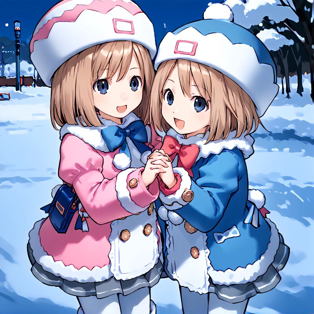 anime artwork Masterpiece, high quality, score_9, score_8_up, score_7_up, winter, snow, 2girls, symmetrical docking, holding hands, happy, smile, open mouth, looking at viewer, notice lines, <lora:comiclo-xl-pony:0.25>
BREAK <lora:_ram_neptunia-elesico-pony-v1.1:0.8> deframbase, brown hair, long hair, pink coat, coat dress, hat, fur trim, bow, grey skirt, white pantyhose, boots, bag,
BREAK <lora:_rom_neptunia-elesico-ponyv1:0.8> defrombase, brown hair, blue coat, coat dress, hat, fur trim, bow, grey skirt, white pantyhose, boots, bag, . anime style, key visual, vibrant, studio anime, highly detailed