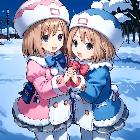 anime artwork Masterpiece, high quality, score_9, score_8_up, score_7_up, winter, snow, 2girls, symmetrical docking, holding hands, happy, smile, open mouth, looking at viewer, notice lines, <lora:comiclo-xl-pony:0.25>
BREAK  <lora:_ram_neptunia-elesico-pony-v1.1:0.8> deframbase, brown hair, long hair, pink coat, coat dress, hat, fur trim, bow, grey skirt, white pantyhose, boots, bag,
BREAK  <lora:_rom_neptunia-elesico-ponyv1:0.8> defrombase, brown hair, blue coat, coat dress, hat, fur trim, bow, grey skirt, white pantyhose, boots, bag,  . anime style, key visual, vibrant, studio anime,  highly detailed