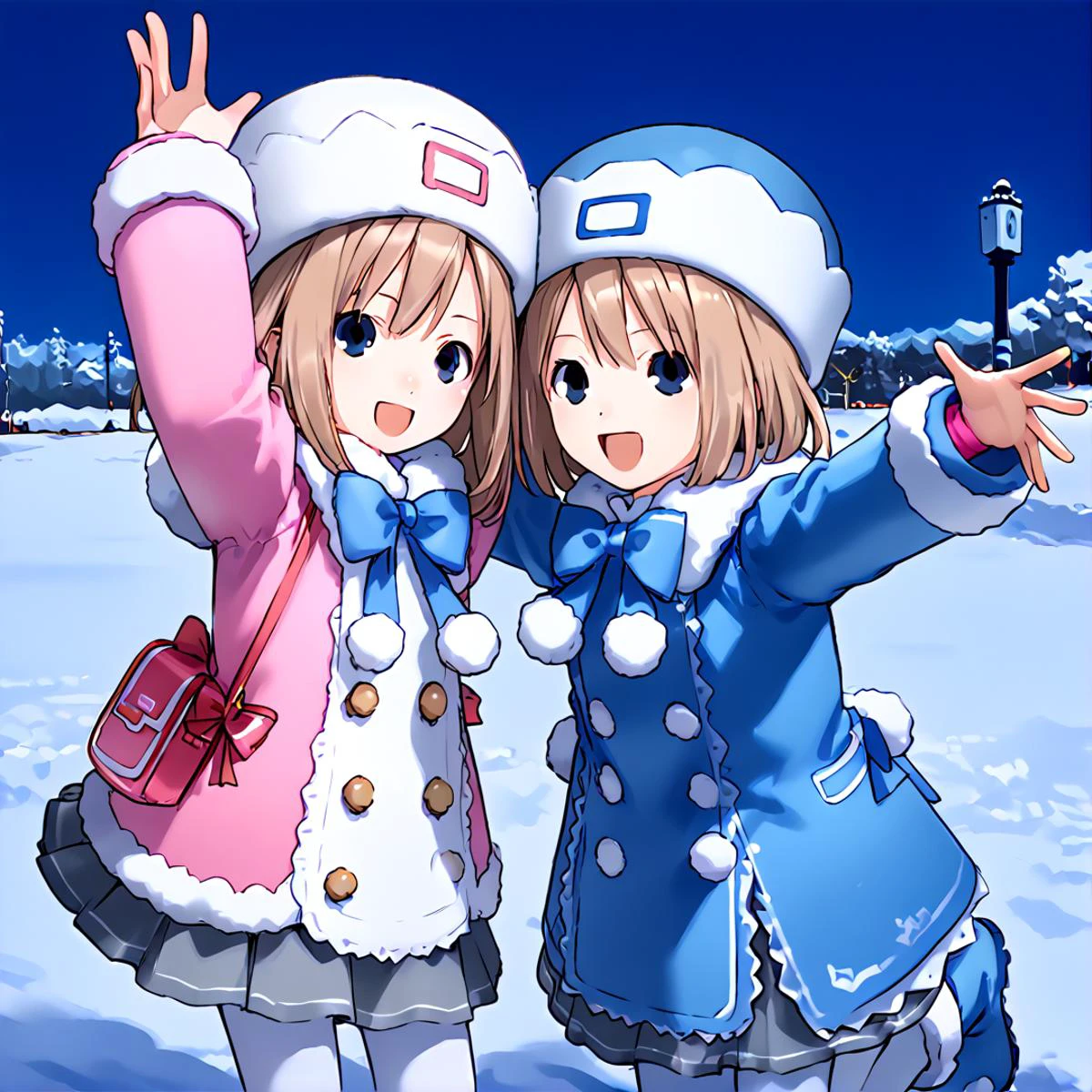 anime artwork Masterpiece, high quality, score_9, score_8_up, score_7_up, winter, snow, 2girls, symmetrical docking, happy, smile, open mouth, looking at viewer, reaching towards viewer, arms up, <lora:comiclo-xl-pony:0.25>
BREAK <lora:_ram_neptunia-elesico-pony-v1.1:0.8> deframbase, brown hair, long hair, pink coat, coat dress, hat, fur trim, bow, grey skirt, white pantyhose, boots, bag,
BREAK <lora:_rom_neptunia-elesico-ponyv1:0.8> defrombase, brown hair, blue coat, coat dress, hat, fur trim, bow, grey skirt, white pantyhose, boots, bag, . anime style, key visual, vibrant, studio anime, highly detailed