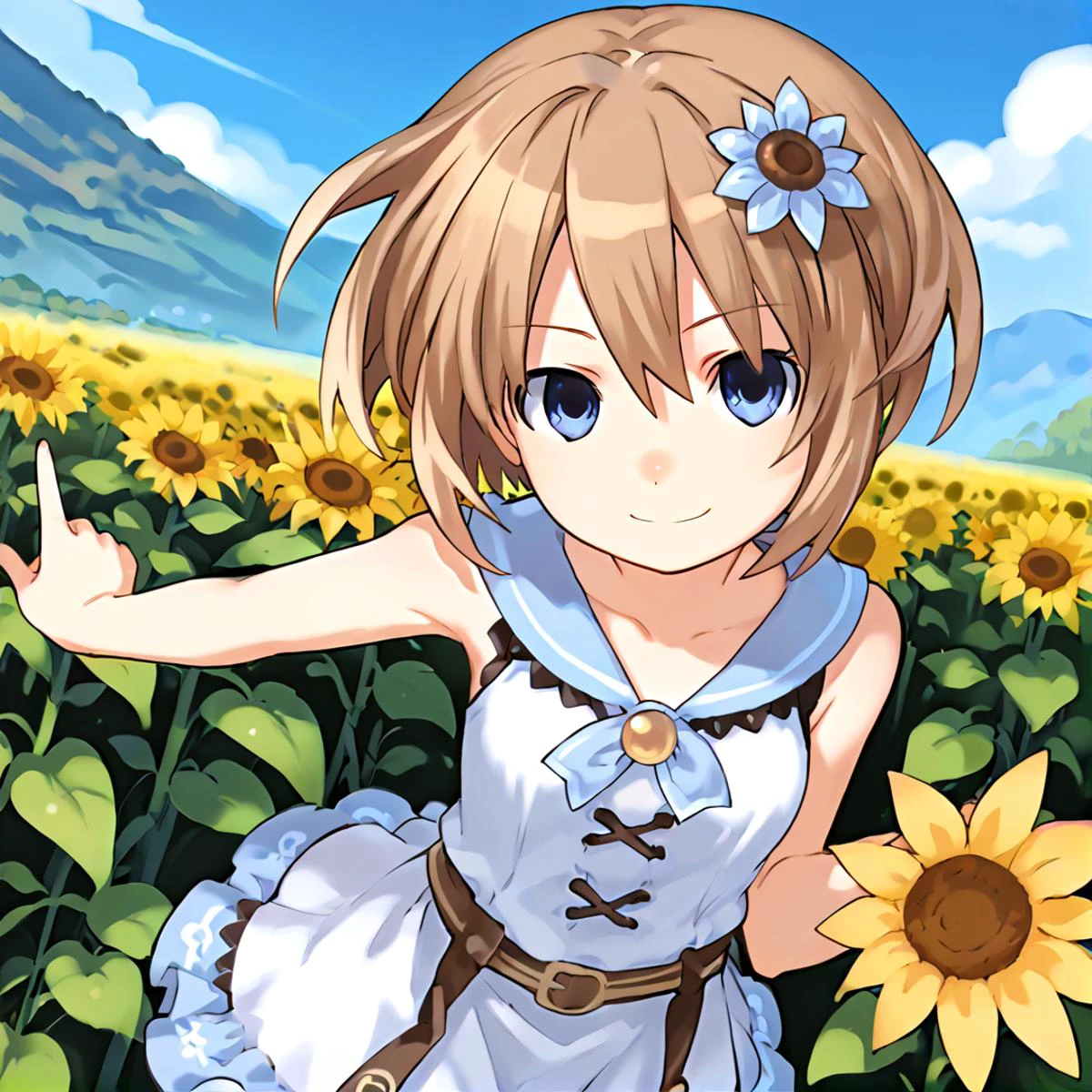 anime artwork Masterpiece, high quality, score_9, score_8_up, score_7_up, 1girl, facing viewer, outdoors, cute, smile, sunflower hair ornament, looking at viewer, pointing up, determined, <lora:comiclo-xl-pony:0.5> <lora:Blanc_Neptunia_PonyXL:0.8> Blanc \(neptunia)\, brown hair, short hair, small breasts, sleeveless shirt, frilled dress, blue eyes, . anime style, key visual, vibrant, studio anime, highly detailed