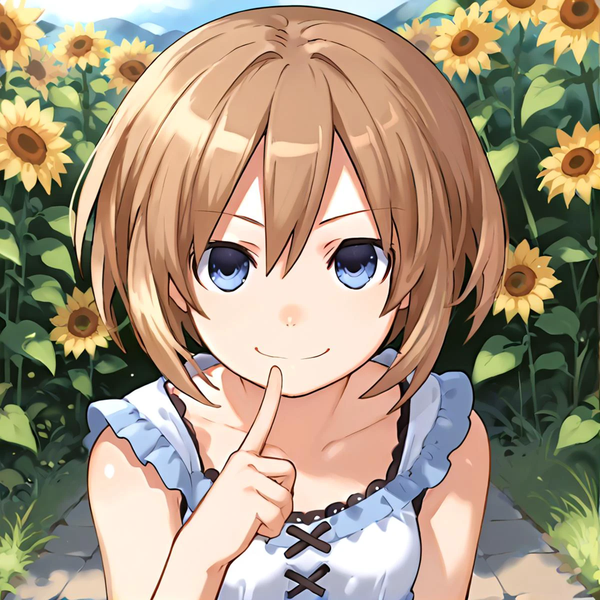 anime artwork Masterpiece, high quality, score_9, score_8_up, score_7_up, 1girl, facing viewer, outdoors, cute, smile, sunflower hair ornament, looking at viewer, pointing up, determined, smug, <lora:comiclo-xl-pony:0.5> <lora:Blanc_Neptunia_PonyXL:0.8> Blanc \(neptunia)\, brown hair, short hair, small breasts, sleeveless shirt, frilled dress, blue eyes, . anime style, key visual, vibrant, studio anime, highly detailed