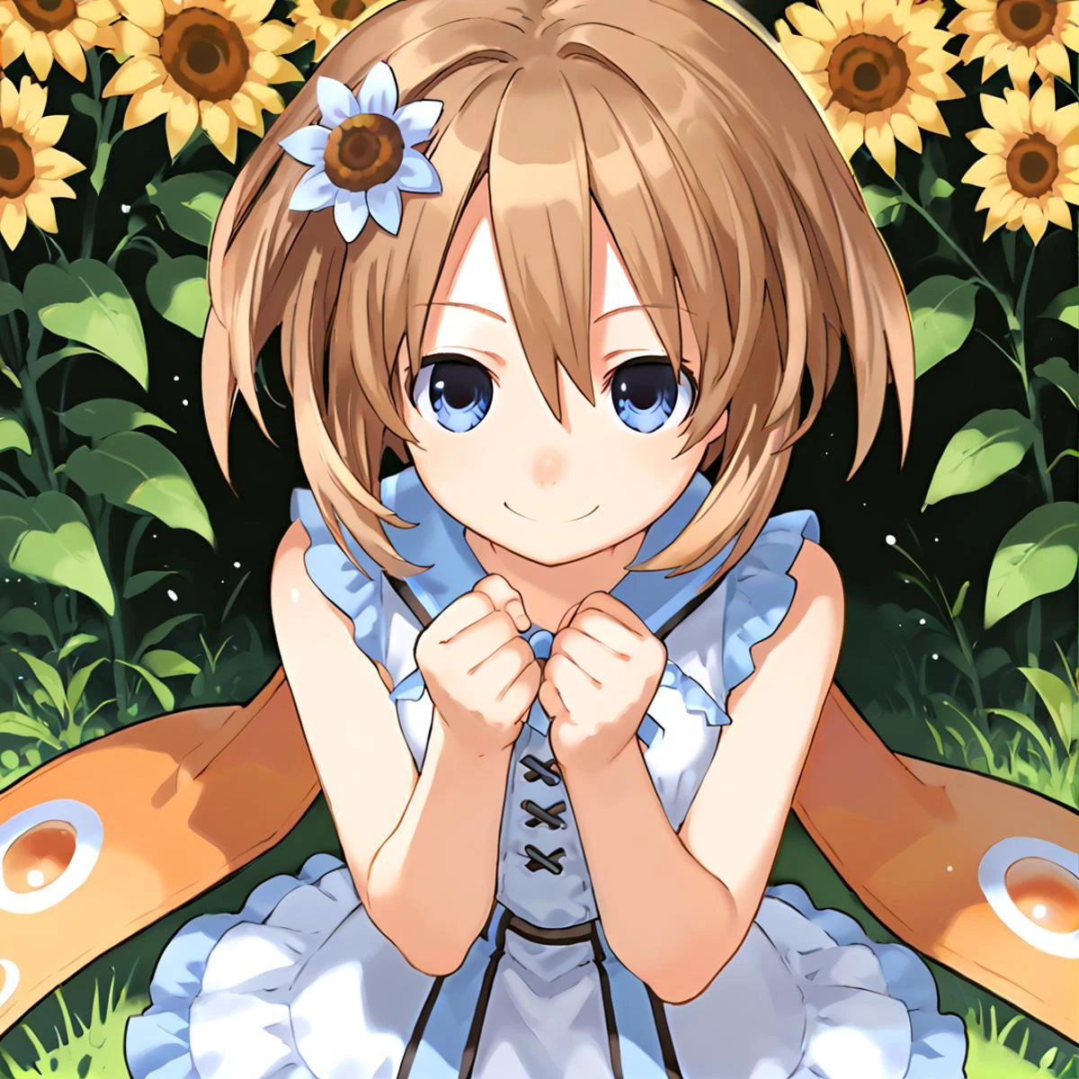 anime artwork Masterpiece, high quality, score_9, score_8_up, score_7_up, 1girl, facing viewer, outdoors, cute, smile, sunflower hair ornament, looking at viewer, happy, joy, extreme emotion, pose, hands up, clenched hands, motion lines, <lora:comiclo-xl-pony:0.5> <lora:Blanc_Neptunia_PonyXL:0.8> Blanc \(neptunia)\, brown hair, short hair, small breasts, sleeveless shirt, frilled dress, blue eyes, . anime style, key visual, vibrant, studio anime, highly detailed
