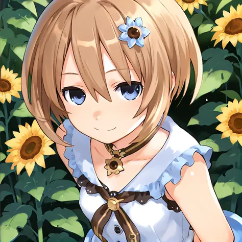 anime artwork Masterpiece, high quality, score_9, score_8_up, score_7_up, 1girl, outdoors, leaning to the side, cute, smile, half-closed eyes, sunflower hair ornament, arms behind back, looking at viewer, <lora:comiclo-xl-pony:0.5> <lora:Blanc_Neptunia_PonyXL:0.8> Blanc \(neptunia)\, brown hair, blue eyes, short hair, small breasts, sleeveless shirt, frilled dress,  . anime style, key visual, vibrant, studio anime,  highly detailed