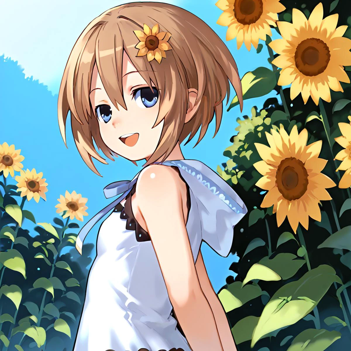 anime artwork Masterpiece, high quality, score_9, score_8_up, score_7_up, 1girl, from side, open mouth, outdoors, leaning to the side, cute, smile, half-closed eyes, sunflower hair ornament, arms behind back, looking at viewer, <lora:comiclo-xl-pony:0.5> <lora:Blanc_Neptunia_PonyXL:0.8> Blanc \(neptunia)\, brown hair, blue eyes, short hair, small breasts, sleeveless shirt, frilled dress, . anime style, key visual, vibrant, studio anime, highly detailed