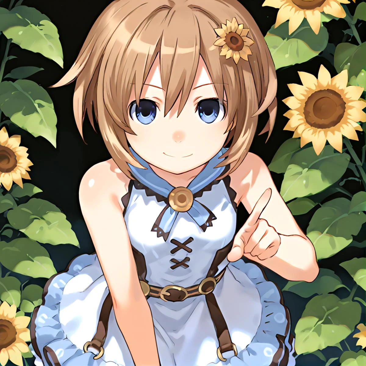 anime artwork Masterpiece, high quality, score_9, score_8_up, score_7_up, 1girl, facing viewer, outdoors, cute, smile, sunflower hair ornament, looking at viewer, pointing up, determined, <lora:comiclo-xl-pony:0.5> <lora:Blanc_Neptunia_PonyXL:0.8> Blanc \(neptunia)\, brown hair, short hair, small breasts, sleeveless shirt, frilled dress, blue eyes, . anime style, key visual, vibrant, studio anime, highly detailed