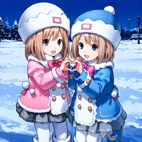 anime artwork Masterpiece, high quality, score_9, score_8_up, score_7_up, winter, snow, 2girls, symmetrical docking, happy, smile, open mouth, looking at viewer, heart hands duo,  <lora:comiclo-xl-pony:0.25>
BREAK  <lora:_ram_neptunia-elesico-pony-v1.1:0.8> deframbase, brown hair, long hair, pink coat, coat dress, hat, fur trim, bow, grey skirt, white pantyhose, boots, bag,
BREAK  <lora:_rom_neptunia-elesico-ponyv1:0.8> defrombase, brown hair, blue coat, coat dress, hat, fur trim, bow, grey skirt, white pantyhose, boots, bag,  . anime style, key visual, vibrant, studio anime,  highly detailed