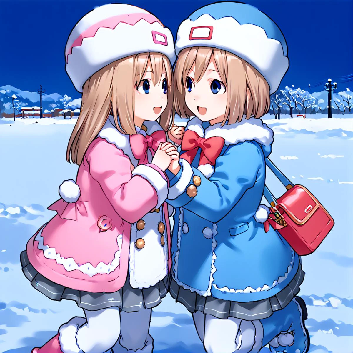 anime artwork Masterpiece, high quality, score_9, score_8_up, score_7_up, winter, snow, 2girls, symmetrical docking, holding hands, happy, smile, open mouth, <lora:comiclo-xl-pony:0.25>
BREAK <lora:_ram_neptunia-elesico-pony-v1.1:0.8> deframbase, brown hair, long hair, pink coat, coat dress, hat, fur trim, bow, grey skirt, white pantyhose, boots, bag,
BREAK <lora:_rom_neptunia-elesico-ponyv1:0.8> defrombase, brown hair, blue coat, coat dress, hat, fur trim, bow, grey skirt, white pantyhose, boots, bag, . anime style, key visual, vibrant, studio anime, highly detailed