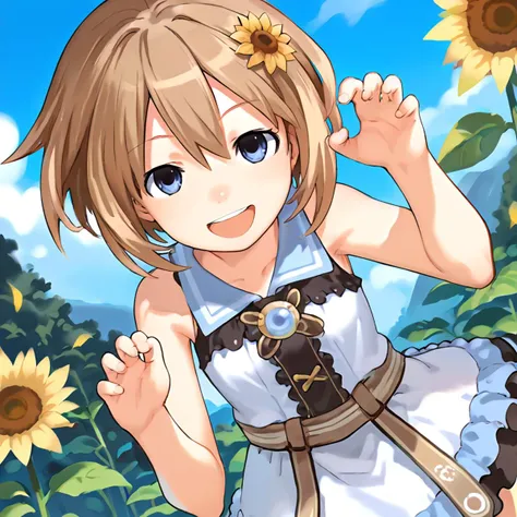 anime artwork Masterpiece, high quality, score_9, score_8_up, score_7_up, 1girl, facing viewer, claw pose, open mouth, outdoors, leaning to the side, cute, smile, sunflower hair ornament, looking at viewer, <lora:comiclo-xl-pony:0.5> <lora:Blanc_Neptunia_PonyXL:0.8> Blanc \(neptunia)\, brown hair, blue eyes, short hair, small breasts, sleeveless shirt, frilled dress, . anime style, key visual, vibrant, studio anime, highly detailed