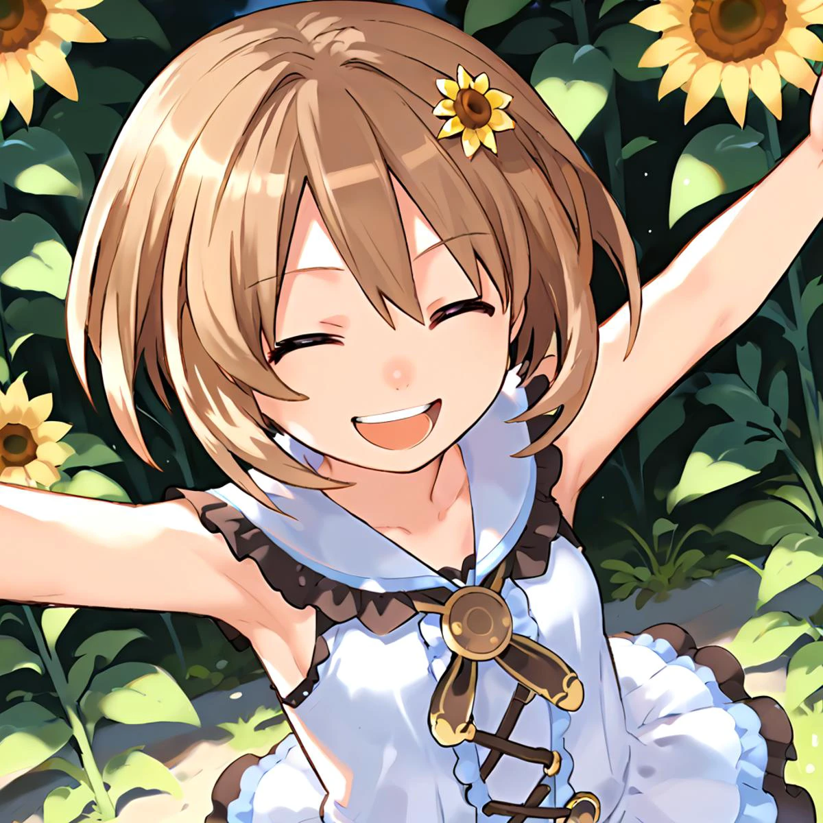 anime artwork Masterpiece, high quality, score_9, score_8_up, score_7_up, 1girl, facing viewer, thumbs up, arms up, open mouth, outdoors, leaning to the side, cute, smile, teeth, closed eyes, sunflower hair ornament, looking at viewer, <lora:comiclo-xl-pony:0.5> <lora:Blanc_Neptunia_PonyXL:0.8> Blanc \(neptunia)\, brown hair, short hair, small breasts, sleeveless shirt, frilled dress, . anime style, key visual, vibrant, studio anime, highly detailed
