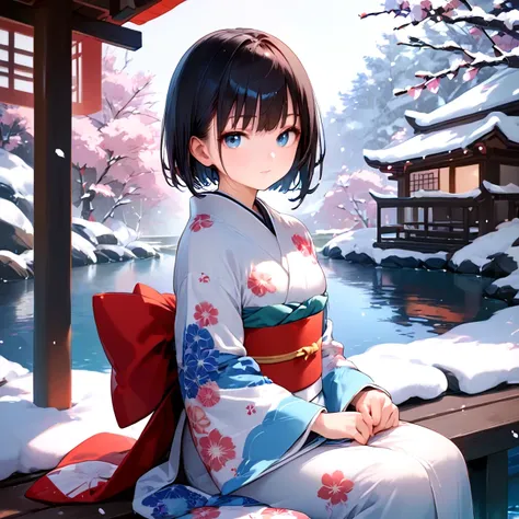 score_9, score_8_up, score_7_up, 1girl, solo, looking at viewer, short hair, bangs, blue eyes, black hair, long sleeves, sitting, closed mouth, outdoors, japanese clothes, wide sleeves, kimono, water, sash, obi, floral print, snow, snowing, white kimono, print kimono