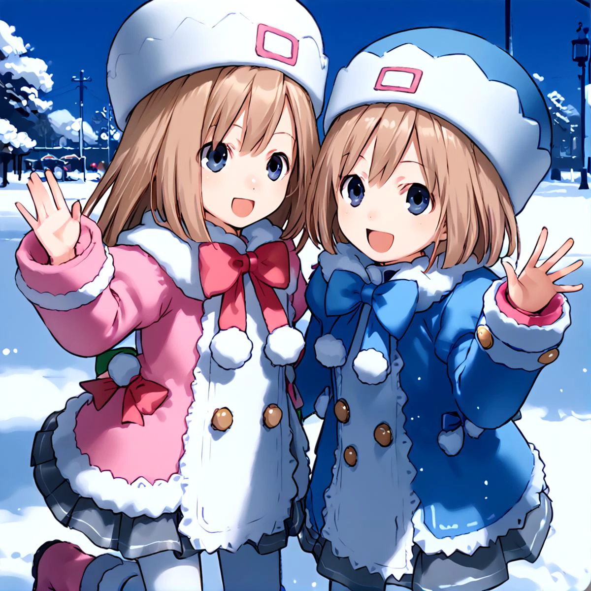 anime artwork Masterpiece, high quality, score_9, score_8_up, score_7_up, winter, snow, 2girls, symmetrical docking, waving, happy, smile, open mouth, looking at viewer, notice lines, <lora:comiclo-xl-pony:0.25>
BREAK <lora:_ram_neptunia-elesico-pony-v1.1:0.8> deframbase, brown hair, long hair, pink coat, coat dress, hat, fur trim, bow, grey skirt, white pantyhose, boots, bag,
BREAK <lora:_rom_neptunia-elesico-ponyv1:0.8> defrombase, brown hair, blue coat, coat dress, hat, fur trim, bow, grey skirt, white pantyhose, boots, bag, . anime style, key visual, vibrant, studio anime, highly detailed
