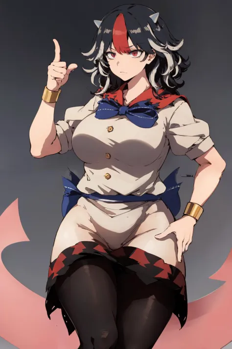 (masterpiece, high quality, highres:1) 1girl,solo,<lora:elun-wasabiya:0.8>,elunstyle,gigantic breasts,thick thighs,long sleeves,pants,patterned background,<lora:arrowbg-wasabiya:1>,arrowbg,<lora:pointing-wasabiya:1>,pointing,medium hair ,,hand on hip,<lora:seija-Wasabiya:1>,kijin seija,horns,streaked hair,dress,arrow (symbol),black hair,red hair,bow,short sleeves,bracelet,pointing at viewer,