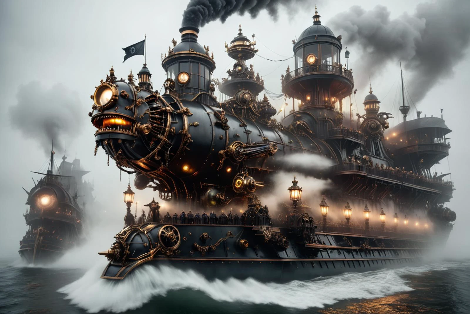 award-winning photo, colossal menacing steam powered flagship The Dreadnaught arriving to a victorian era port, emerging from thick fog, side gun ports open, intimidating intricate galleon figure, dystopian, epic, highly detailed, panavision, moody, foggy, soft glare, vivid colors, sharp focus, film grain, grainy, haunting steampunk, <lora:SteamPunkNoireAI:0.7>, <lora:Haunting_Steampunk_XL_V1:1>