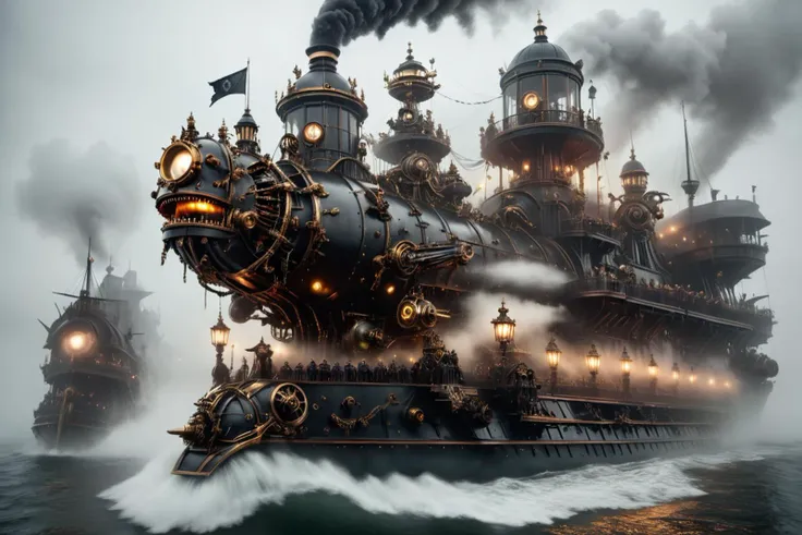 award-winning photo, colossal menacing steam powered flagship The Dreadnaught arriving to a victorian era port, emerging from thick fog, side gun ports open, intimidating intricate galleon figure, dystopian, epic, highly detailed, panavision, moody, foggy, soft glare, vivid colors, sharp focus, film grain, grainy, haunting steampunk,  <lora:SteamPunkNoireAI:0.7>,  <lora:Haunting_Steampunk_XL_V1:1>