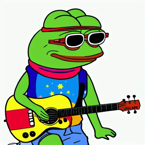 cartoon PepeFrog dressed like a hippy at Woodstock <lora:PepeFrog:0.7>