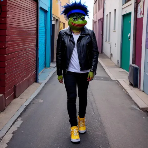 cartoon PepeFrog dressed like a punkrocker in an alleyway <lora:PepeFrog:0.7>