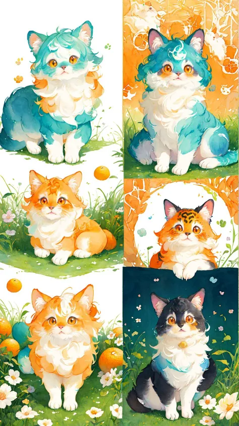 masterpiece,best quality,no humans,flower,white background,animal focus,animal,blush,wallpaper,<lora:å
¨è½å¨ç©è´´çº¸-å¯ç±å-99:1>,golden hour lighting,flowers meadows,orange \(fruit\),food,cat,orange slice,grass,fruit,(calico),EYE,cuteness,kawaii,expression,joy,