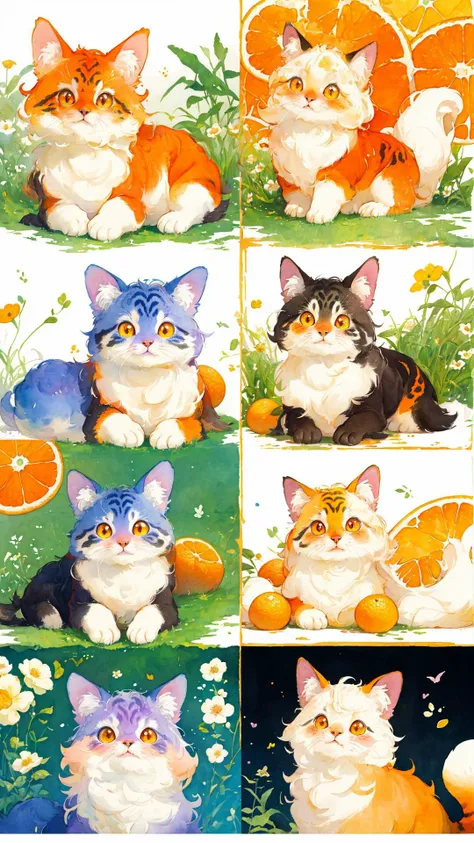 masterpiece,best quality,no humans,flower,white background,animal focus,animal,blush,wallpaper,<lora:å
¨è½å¨ç©è´´çº¸-å¯ç±å-99:1>,golden hour lighting,flowers meadows,orange \(fruit\),food,cat,orange slice,grass,fruit,(calico),EYE,cuteness,kawaii,expression,joy,