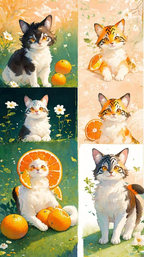 masterpiece,best quality,no humans,flower,white background,animal focus,animal,blush,wallpaper,<lora:å
¨è½å¨ç©è´´çº¸-å¯ç±å-99:1>,golden hour lighting,flowers meadows,orange \(fruit\),food,cat,orange slice,grass,fruit,(calico),EYE,cuteness,kawaii,expression,joy,