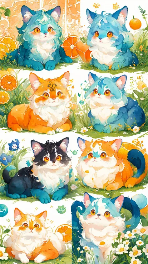 masterpiece,best quality,no humans,flower,white background,animal focus,animal,blush,wallpaper,<lora:å
¨è½å¨ç©è´´çº¸-å¯ç±å-99:1>,golden hour lighting,flowers meadows,orange \(fruit\),food,cat,orange slice,grass,fruit,(calico),EYE,cuteness,kawaii,expression,joy,