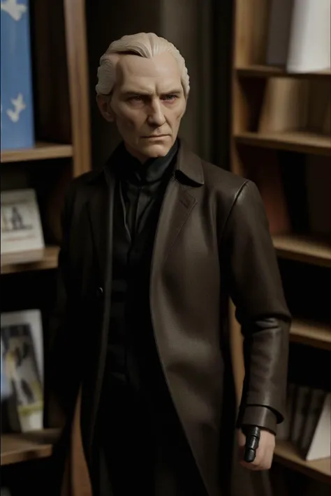 rough (plastic action figure) of pco1 man,<lora:PeterCushingOld:0.8>,vampire hunter clothing,elegant pose,smooth texture,fierce expression. The figure stands on a bookshelf. medium half body shot, <lora:pytorch_lora_weights_sd1-5:1>