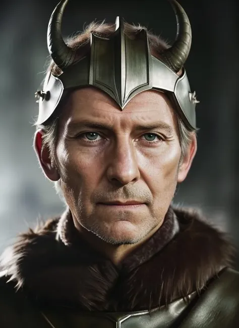 ( <lora:PeterCushingOld:.8>) close up Portrait photo of (pco1) man with short hair, Detailed face, (perfect green eyes), (realistic matte skin:1.1), perfect body, wearing (((Fur-trimmed tunic, horned helmet,)), Modelshoot style, Professional Photography, soft lighting, PHOTOREALISTIC, Realistic, standing in dark studio background, blurred background, volumetric fog,. RAW, analog style, sharp focus, 8k, HD, DSLR, high quality, Fujifilm XT3, film grain, award winning, masterpiece,