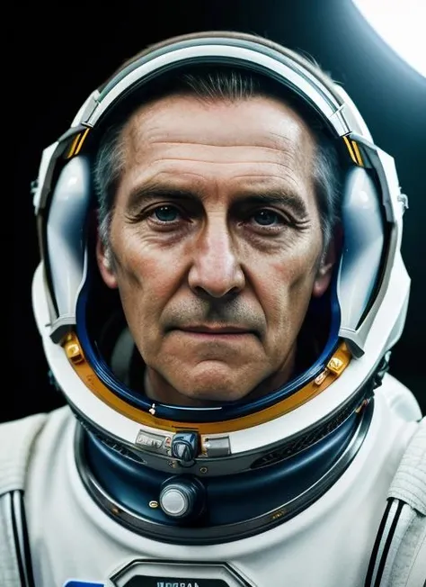 ( <lora:PeterCushingOld:.8>) close up Portrait photo of (pco1) man with short hair, Detailed face, (perfect green eyes), (realistic matte skin:1.1), perfect body, wearing ((pollo-Soyuz Test Project Spacesuit (ASTP) )), Modelshoot style, Professional Photography, soft lighting, PHOTOREALISTIC, Realistic, standing in dark studio background, blurred background, volumetric fog,. RAW, analog style, sharp focus, 8k, HD, DSLR, high quality, Fujifilm XT3, film grain, award winning, masterpiece,