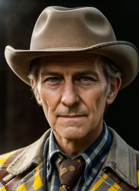 ( <lora:PeterCushingOld:.8>) close up  Portrait photo of (pco1) man with short hair, Detailed face, (perfect green eyes), (realistic matte skin:1.1), perfect body, wearing  ((yellow and blue plaid Western Sheriff costume and Stetson Hat)), Modelshoot style, Professional Photography, soft  lighting, PHOTOREALISTIC, Realistic, standing in dark studio background, blurred background, volumetric fog,. RAW, analog style, sharp focus, 8k, HD, DSLR, high quality, Fujifilm XT3, film grain, award winning, masterpiece,