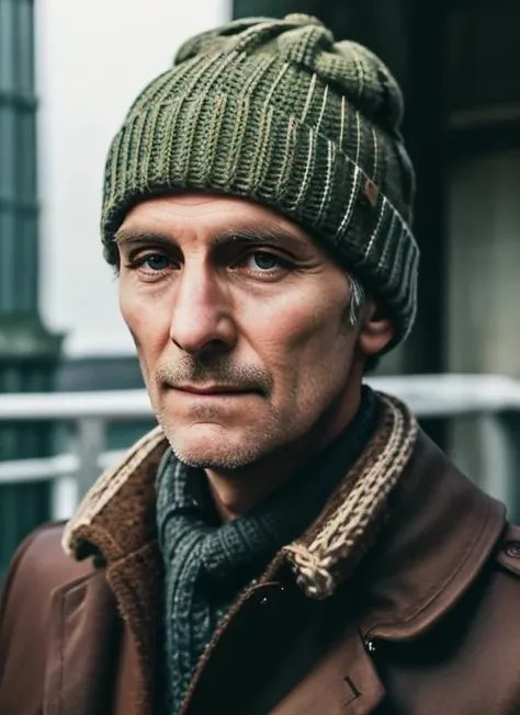 ( <lora:PeterCushingOld:.8>) close up  Portrait photo of (pco1) man with short hair, Detailed face, (perfect green eyes), (realistic matte skin:1.1), perfect body, wearing  ((Lighthouse keeper Long oilskin coat, knitted sweater, beanie hat,)), Modelshoot style, Professional Photography, soft  lighting, PHOTOREALISTIC, Realistic, standing in dark studio background, blurred background, volumetric fog,. RAW, analog style, sharp focus, 8k, HD, DSLR, high quality, Fujifilm XT3, film grain, award winning, masterpiece,