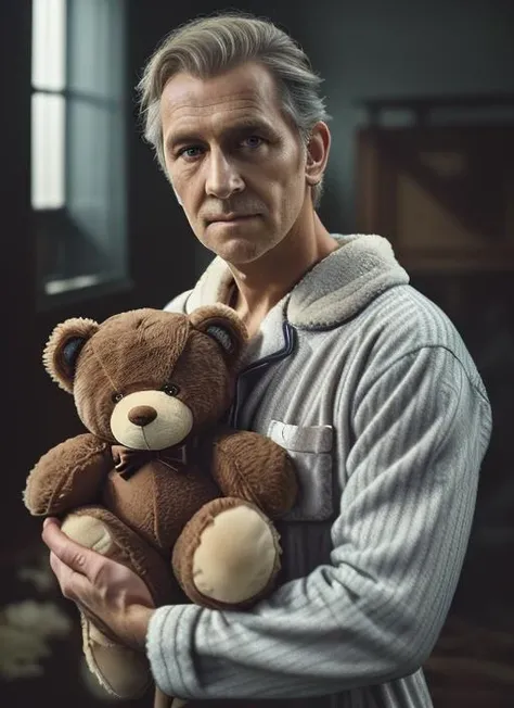 ( <lora:PeterCushingOld:.8>) close up Portrait photo of (pco1) man with short hair, Detailed face, (perfect green eyes), (realistic matte skin:1.1), perfect body, wearing (((Pajamas, Slippers, Teddy Bear, Thoughtful Expression, Dreamy Aura)), ((holding a teddy bear in his arms)), Modelshoot style, Professional Photography, soft lighting, PHOTOREALISTIC, Realistic, standing in dark studio background, blurred background, volumetric fog,. RAW, analog style, sharp focus, 8k, HD, DSLR, high quality, Fujifilm XT3, film grain, award winning, masterpiece,