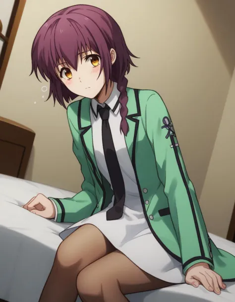 score_9, score_8_up, score_7_up, source_anime,
minamisakurai, <lora:minami-sakurai-s2-ponyxl-lora-nochekaiser:1>,
minami sakurai, brown eyes, yellow eyes, purple hair, braid, single braid, hair over shoulder,
long sleeves, dress, school uniform, pantyhose, necktie, white dress, black necktie, green jacket,
indoors, bed, bed room, on side, blush, drunk,
solo, dutch angle, looking at viewer, cowboy shot,