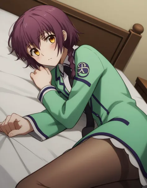 score_9, score_8_up, score_7_up, source_anime,
minamisakurai, <lora:minami-sakurai-s2-ponyxl-lora-nochekaiser:1>,
minami sakurai, brown eyes, yellow eyes, purple hair, braid, single braid, hair over shoulder,
long sleeves, dress, school uniform, pantyhose, necktie, white dress, black necktie, green jacket,
indoors, bed, bed room, on side, blush, drunk,
solo, dutch angle, looking at viewer, cowboy shot,
