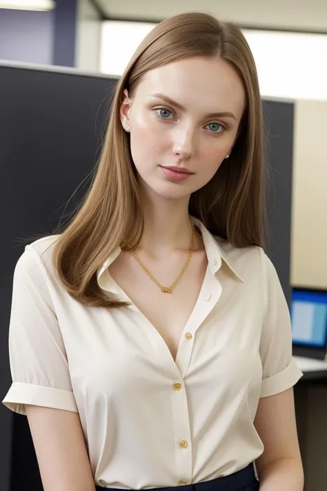 European woman, closeup, (shirt), pants, (office cubicle), gold necklace , ZM_stacy, wide shoulders, perfect face, (contact iris: 1.1), pale skin, skin pores , depth of field